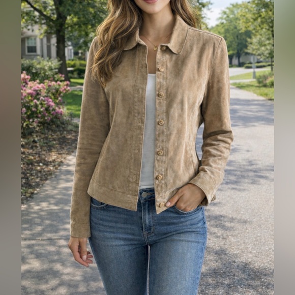 Isaac Mizrahi Jackets & Blazers - Issac Mizrahi Suede Tan Leather Jacket Shirt Shacket Women’s Size XL